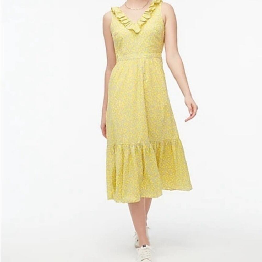 J.Crew Factory Women's Yellow & Blue Floral Prairie Ruffle V-Neck Midi Dress 16